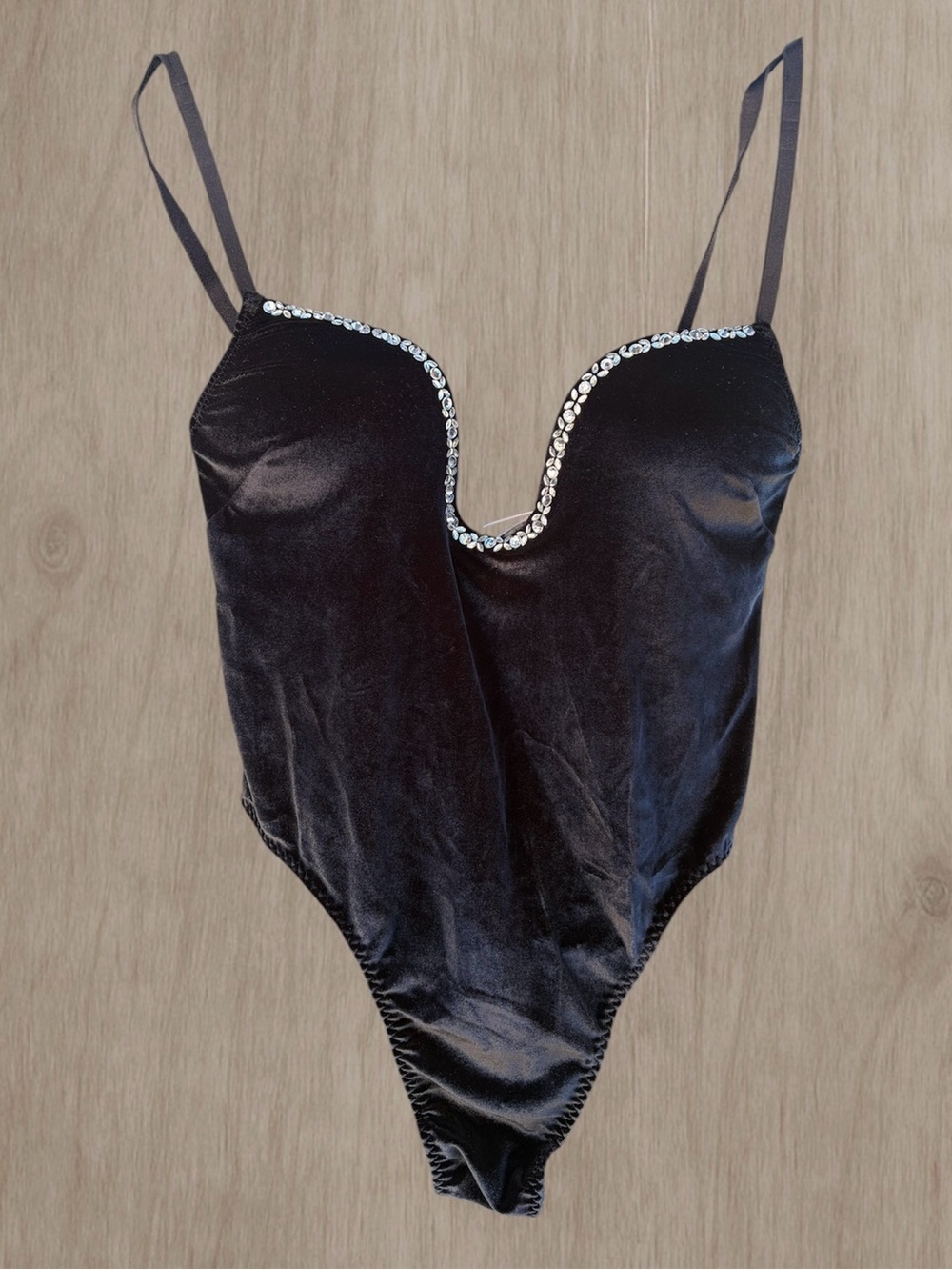 Victoria's Secret Black Velvet Rhinestone Plunge Bodysuit Teddy, Size S
